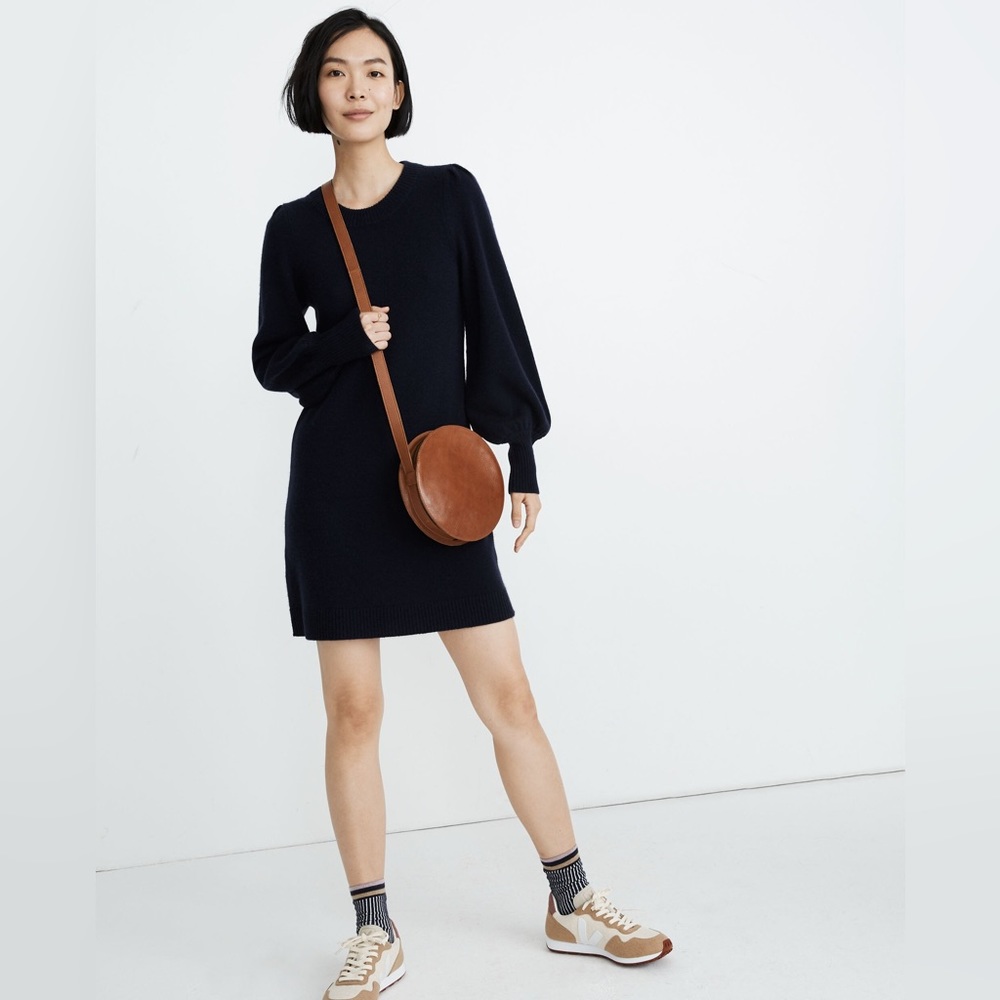 Madewell 100% cashmere balloon sleeve navy dress
